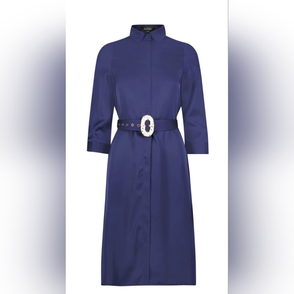 Aleeza Elegant Marquis Navy Belted Midi Dress With Pleats - Picture 5 of 9